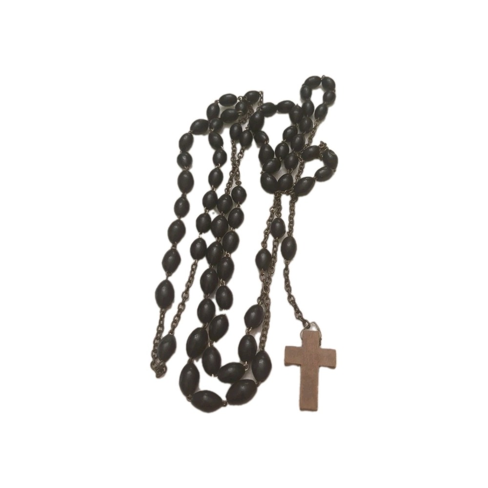Vintage Black Rosary Beads And Old Wood Cross On Wire‎ Hook Necklace Metal Chain
